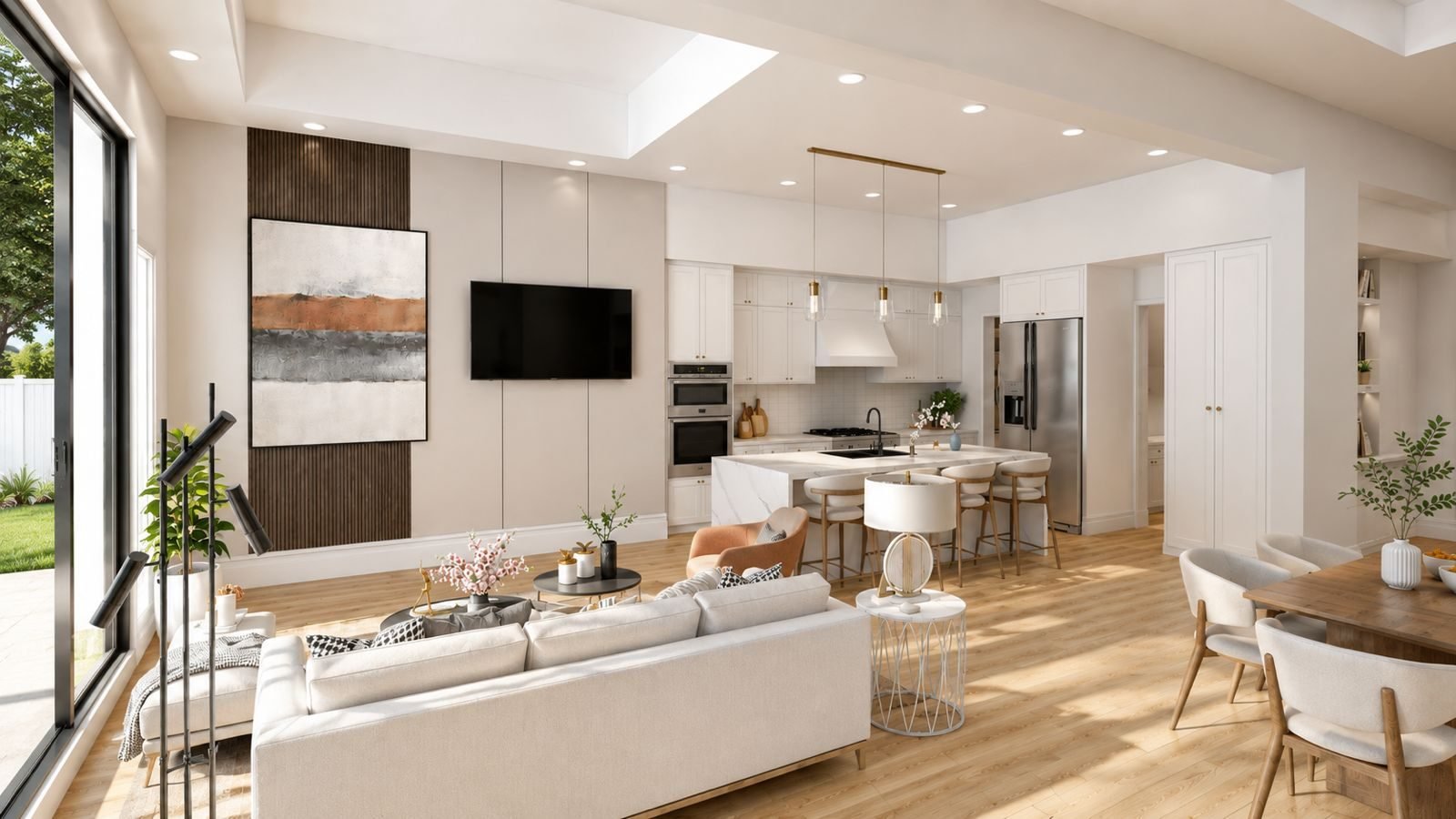 Modern interior kitchen and living space visualization